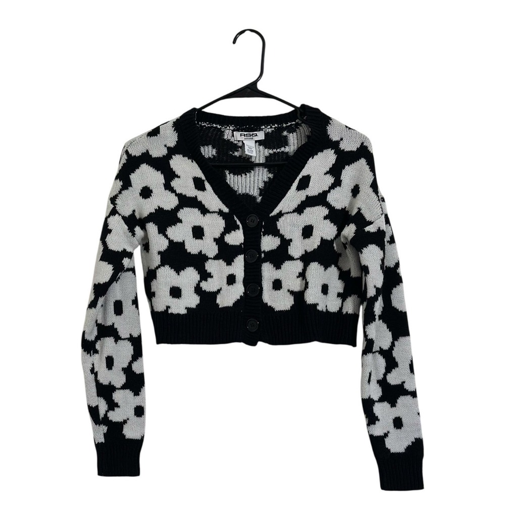 RSQ Cropped Floral Cardigan Sweater Black White Daisy V-Neck Women's Size XS